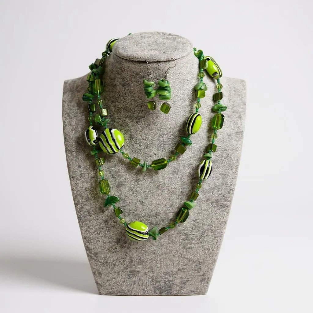 Multi Green Lucite Bead And Seashell Chips Long Necklace Earring
